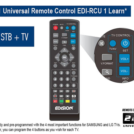 Edision Nano T265+ maapealse DVB-T2 ja kaabel-DVB-C HDMI dongle vastuvõtja, H265 HEVC, FTA, Full HD, PVR, USB, HDMI, IR, USB WiFi tugi, universaalne 2-ühes kaugjuhtimispult, must