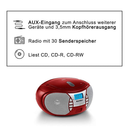 Karcher RR 5025-R kaasaskantav CD-raadio (CD-mängija, boombox, FM-raadio, aku/võrgutoitega, AUX-sisend) punane