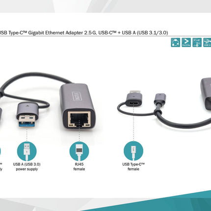 DIGITUS USB Network Adapter - 2.5 Gbit/s - RJ45 to USB 3.1 - incl. Type-A Adapter - Full-Duplex - Auto MDI-X - Gray