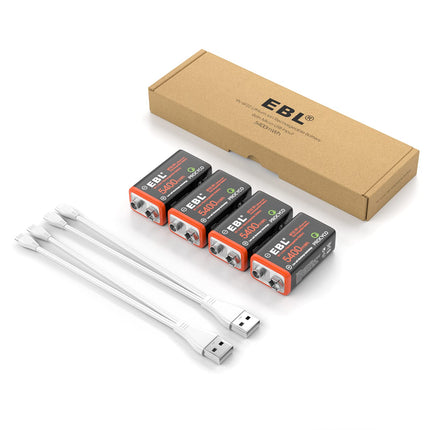 EBL 9V Rechargeable Batteries - USB Rechargeable Batteries 1.5V 5400 mWh, Micro Charging Cable - Fast Charge in 2 Hours (4-Pack)