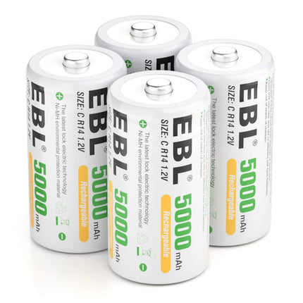 EBL Baby C Battery 5000mAh - NI-MH Rechargeable Battery 4-Pack with Storage Box, 1.2V Type C Battery