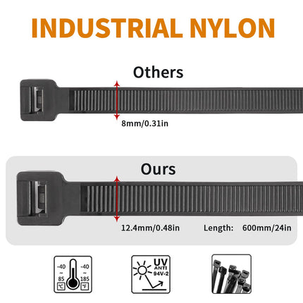 Cable ties black 600mm x 12.4 mm cable ties large long black cable ties extra long cable ties heavy duty, 30 pieces zipties with 113kg tensile strength, outdoor industrial cable ties UV resistant