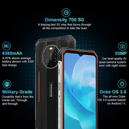 Blackview 5G lepinguta õues kasutatav nutitelefon BL8800, 50MP neljakaamera, 20MP infrapuna öise nägemisega kaamera, Dimensity 700 8GB+128GB, 6.58'' FHD+, 8380mAh 33W kiirlaadimine, IP68 vastupidav mobiiltelefon NFC GPS OTG oranž
