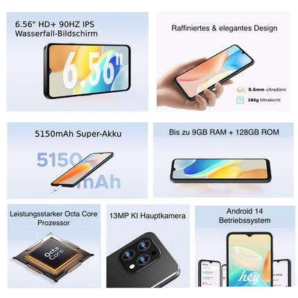 DOOGEE N55 mobiiltelefon ilma lepinguta (Android 14 nutitelefon, 6,56" HD+ 90Hz ekraan) 9GB RAM+128GB ROM, 5150mAh aku, 13MP tehisintellektiga kaamera, kahe SIM-kaardiga 4G LTE, kaheksatuumaline, must