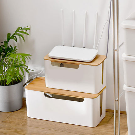 Cable management box with wooden lid, 23 x 12 x 11.7cm white plastic cable box desk cable organizer small cable box for hiding TV computer router cables sockets