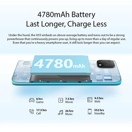 Blackview A55 4G nutitelefon ilma lepinguta, soodne, 6,53-tolline HD+ ekraan, MT6761V 2,0 GHz 3 GB + 16 GB, 5 MP + 8 MP kaamera, 4780 mAh aku, Android 11 DUAL SIM mobiiltelefon GPS näotuvastus sinine