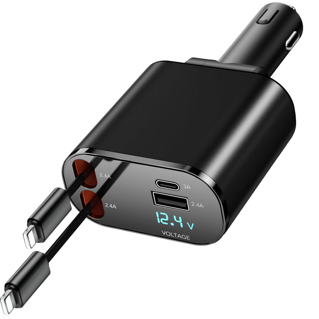 COCIVIVRE autolaadija sissetõmmatav, 4-ühes sissetõmmatav autolaadija 60W, USB sigaretisüütaja adapter, ühildub iPhone 15/14/13/12/Pro Max/Plus/Pro, Samsung Galaxy S24/S23/S22-ga (2 kaablit Apple'ile)