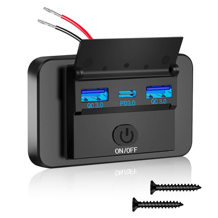 Daakro 72W USB laadimispesa 12V autolaadija kahekordse QC3.0 USB ja PD3.0 C-tüüpi mobiiltelefoni kiirlaadija veekindel lülitiga 12V/24V haagissuvilatele, autodele, mootorratastele, veoautodele