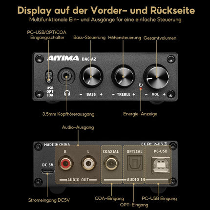 AIYIMA DAC A2 kõrvaklapivõimendi DAC-muundur Mini stereo digitaal-analoog DAC PS5/PC/MAC arvuti lauamängu DAC-võimendi PC-USB/koaksiaal/optiline kuni 3,5 mm AUX RCA kõrvaklapiväljund 24 bitti 192 kHz