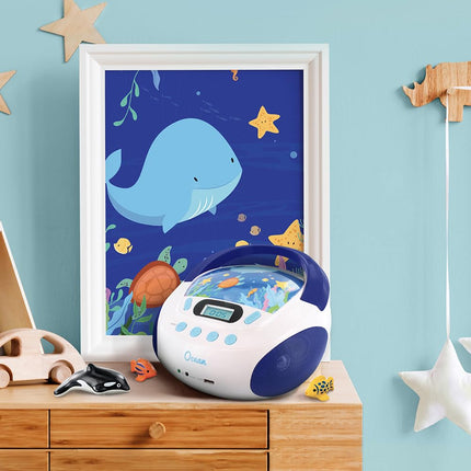 mooov 477170 CD Player for Children with Speakers, USB, Headphone Jack, AUX-IN Port - Boombox CD Player Portable - Mains or Battery Operated - Ocean Model - Blue/White