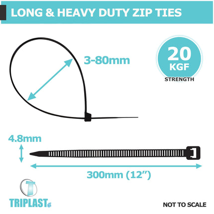 Triplast Essential Black Cable Ties – 100 x 30.5 cm Heavy Duty Cable Ties (300 mm x 4.8 mm) – Self-locking, non-slip and UV-resistant nylon plastic ties for cable management and
