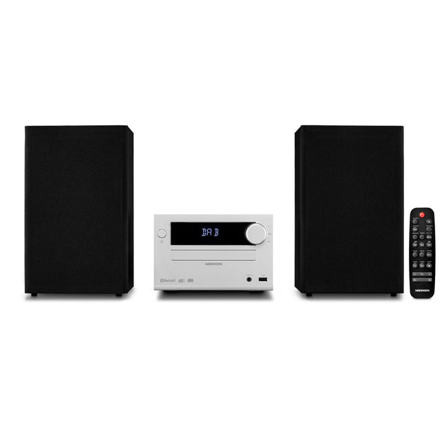 MEDION E64482 mikroaudiosüsteem, kompaktne süsteem (DAB+, CD-mängija, PLL FM-raadio, Bluetooth, MP3-mängija, AUX, kõrvaklapipesa, USB, unetaimer, hämardatav ekraan) hõbedane