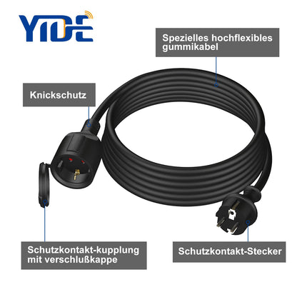 YIDE pikenduskaabel 2m välistingimustes kasutatav kummist pikenduskaabel Schuko pistikuga välistingimustes kasutamiseks IP44 pikenduskaabel H05RR-F 3G 1.5mm² 3500W elektrikaabel välistingimustes kaitsekorgiga must