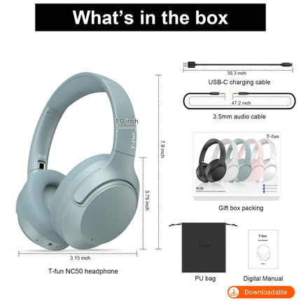 T-fun NC50 juhtmevabad kõrvaklapid hübriidse mürasummutusega, Bluetooth 5.3, mängu-/läbipaistvusrežiim, rakenduse kaudu kohandatav ekvalaiser, 65 tundi aku tööiga, kahe seadme ühendus