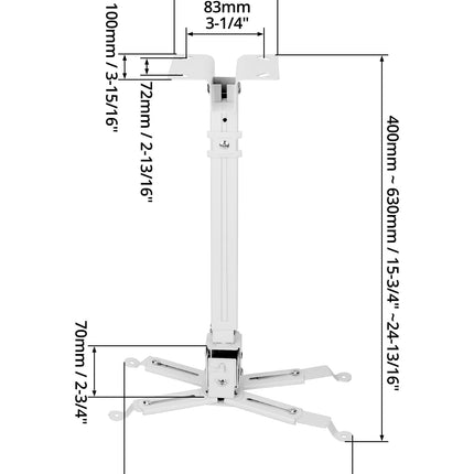 QWORK® universaalne projektori laekinnitus, 360° pööratav, 15° kallutatav, teleskoopiline 40–63 cm, kandevõime kuni 15 kg – valge