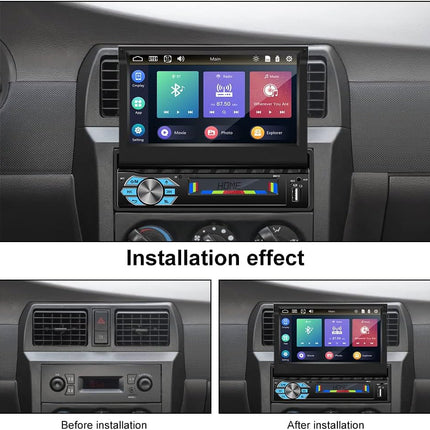 CAMECHO 1 DIN Carplay/Android Auto/Peeglingi autoraadio ekraaniga, 7-tolline mootoriga pikendatav puutetundlik ekraan, autoraadio Bluetooth peeglilingiga (Android/IOS) + väline mikrofon + tahavaatekaamera