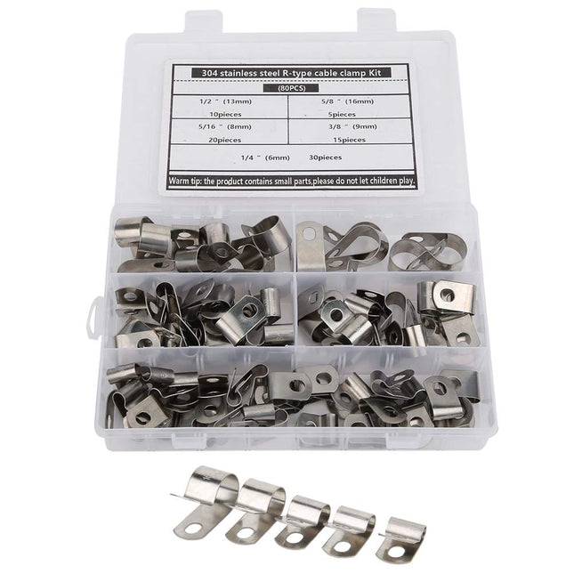 Kaabliklambrite komplekt, roostevabast terasest kaabliklamber, 80 tükki, R-tüüpi klamber, kaabliklambrite komplekt, riistvara osad, roostevaba teras 304, vastupidav, 6 kuni 16 mm