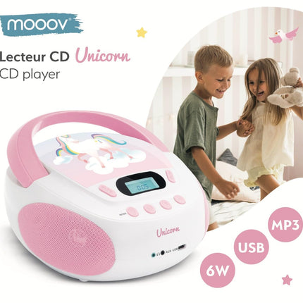 mooov 477407 CD-mängija lastele kõlarite, USB, kõrvaklapipesa ja AUX-IN-pordiga - kaasaskantav Boombox CD-mängija - töötab vooluvõrgust või patareidega - ükssarviku mudel - roosa/valge