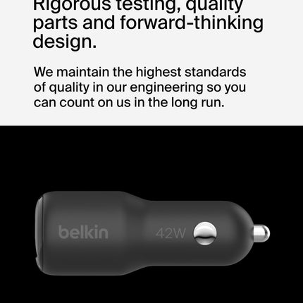 Belkin BoostCharge 2-pordiga autolaadija, 42W, kiirlaadimine USB-C, 30W PPS, 12W USB-A pordiga, Apple iPhone 16, 16 Pro, 16 Pro Max, iPhone 15, 14 seeria, Samsung Galaxy S24 ja teiste mudelite jaoks – must