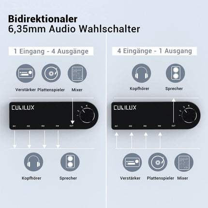 Cubiluxi passiivne audiolüliti, kahesuunaline 1 kuni 4 6,35 mm TRS-pistikuga kõlarilüliti, 4-kanaliline stereo Aux-lüliti kõrvaklappide helisüsteemi võimendi jaoks