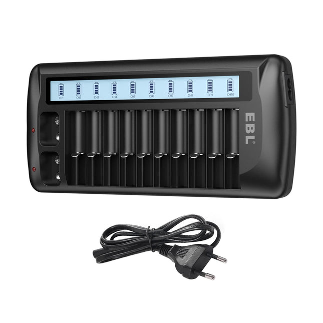 EBL 999 universaalne akulaadija AA AAA 9V Li-Ion/NiMH/NiCd akude jaoks, 12 laadimispesaga LCD-ekraaniga, mitmiklaadija