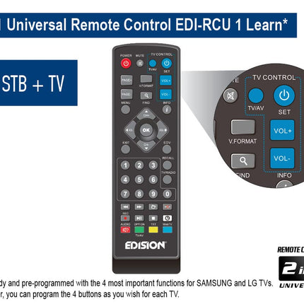 EDISION Picco T265 Full HD H.265 HEVC maapealne FTA vastuvõtja T2, (1x DVB-T2, USB, HDMI, SCART, S/PDIF, IR silm, USB tugi, 2-in-1 kaugjuhtimispult, must)