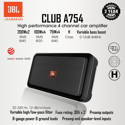 Harman Kardoni JBL Club A754 4-kanaliline autovõimendi - autoraadio võimendi - 4 x 75 vatti või 2 x 200 vatti 2 või 4 autokõlari jaoks