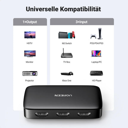UGREEN HDMI 1.4 lüliti 4K 3 sisse 1 väljundiga HDMI jaotur HDMI jaotur kaugjuhtimispult HDMI lüliti toetab 4K, 3D ja HDR-i teleripulga, teleri, arvuti, mängukonsooli, lüliti, PS5/4, Xboxi ja Blu-Ray mängija jaoks.