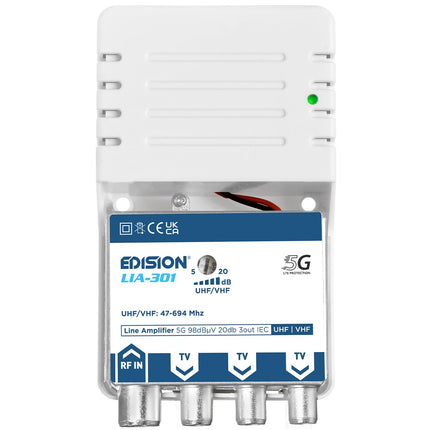 EDISION LIA-301 UHF/VHF koduvõimendi, 5-20dB, 98dBmV, sagedusala 47-694MHz, sobib kaabeltelevisiooni, maapealse ja raadiolevi jaoks, 5G LTE filter, 1 sisend, 3 väljundit, IEC pistikud