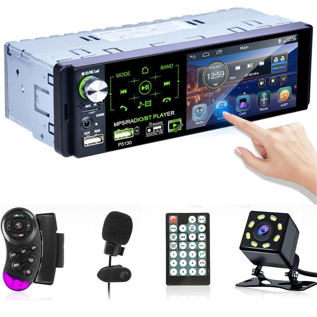 Hikity RDS FM AM Car Radio 1 Din Bluetooth Handsfree 4.1 Inch Screen Touch Display with USB AUX TF MP5 for Android/IOS Car Radio Rear View Camera Microphone
