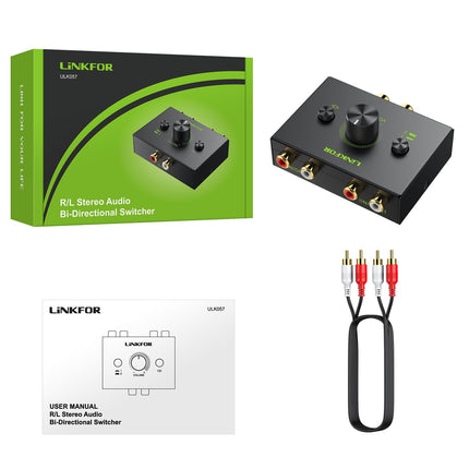 LiNKFOR RCA L/R stereo audio lüliti, 1 sisend 2 väljundit / 2 sisendit 1 väljund kahesuunaline audio lüliti, passiivne audio RCA jaotur vaigistusnupuga CD-mängija võimendi arvuti kõlarile