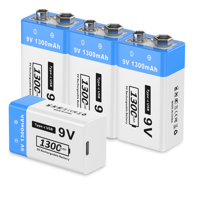 9V Rechargeable Lithium Batteries, 1300mAh 6F22 High Capacity Batteries for Smoke Detectors, Metal Detectors, Microphones and More (4 Pack)