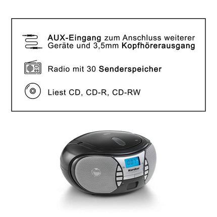 KARCHER RR 5025-B portable radio, CD player with mains and battery operation, FM radio with AUX connection &amp; headphone jack, black