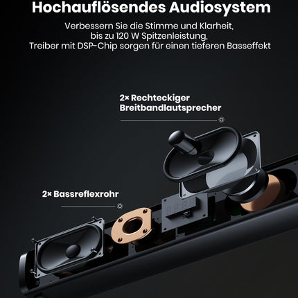 Teleri heliriba subwooferiga, arvutile, mängudele, 2.1 kanalit MEVOSTO 2025, täiustatud teleri heliriba, sügav bass, arvuti helisüsteem, BT 5.3/USB/HD-ARC/optiline/AUX bass ja kõrged toonid, reguleeritav, kodukino