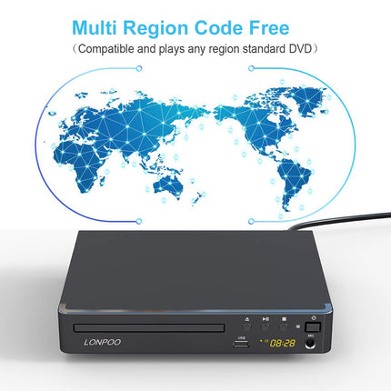 LP-099 DVD-mängija telerile, regioonidevaheline DVD-mängija, CD-mängija HDMI-ühendusega (1080p ülesskaleerimine), HDMI AV-väljund, USB-sisend, regioonidevaheline integreeritud PAL NTSC-süsteem (LP-099)