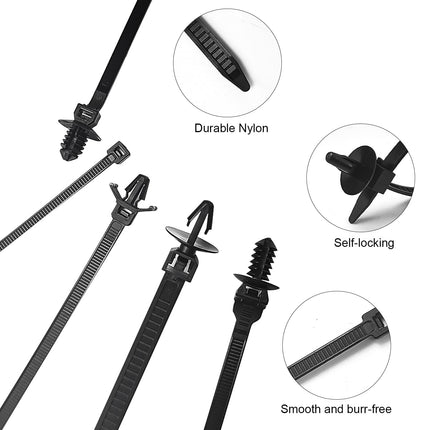 200 tk mustad kaablisidemed, plastkaablisidemete komplekt, surukinnitusega kaablisidemed, 5 tüüpi minikaablisidemeid, autotööstusele, ehitusele, sisejuhtmete kimpudeks pakkimiseks (must)