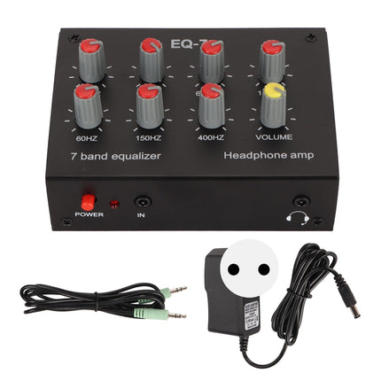 Reguleeritav 7-ribaline ekvalaiser, DC 5-12V 7-ribaline ekvalaiser autovõimendi 3,5 mm liidesega, sagedusvahemikud 60Hz/150Hz/400Hz/1KHz/3KHz/6,5KHz/15KHz (EL-pistik)