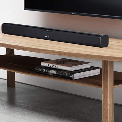 SHARP HTSB110 2.0 heliriba 90W (USB, Bluetooth, HDMI, optiline, AUX-sisend (3,5 mm), laius: 80 cm), õhuke disain, must