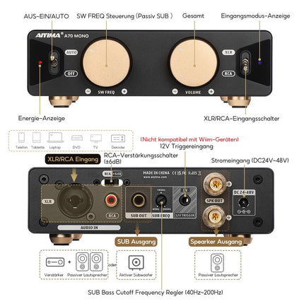 AIYIMA A70 monovõimendi PFFB TPA3255 mini-D-klassi võimendiga, subwooferiga, HiFi kodukino vastuvõtja RCA/XLR/trigger sisendiga, riiulikõlaritele, passiivkõlarid, 48V/5A toiteplokk.