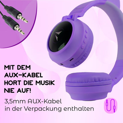 Techmade - Wireless LED Headphones | Cat Ear Design with Microphone | Clear Sound &amp; Function Keys | 6 Hour Battery Life | Adjustable &amp; Soft Ear Cushions, Purple