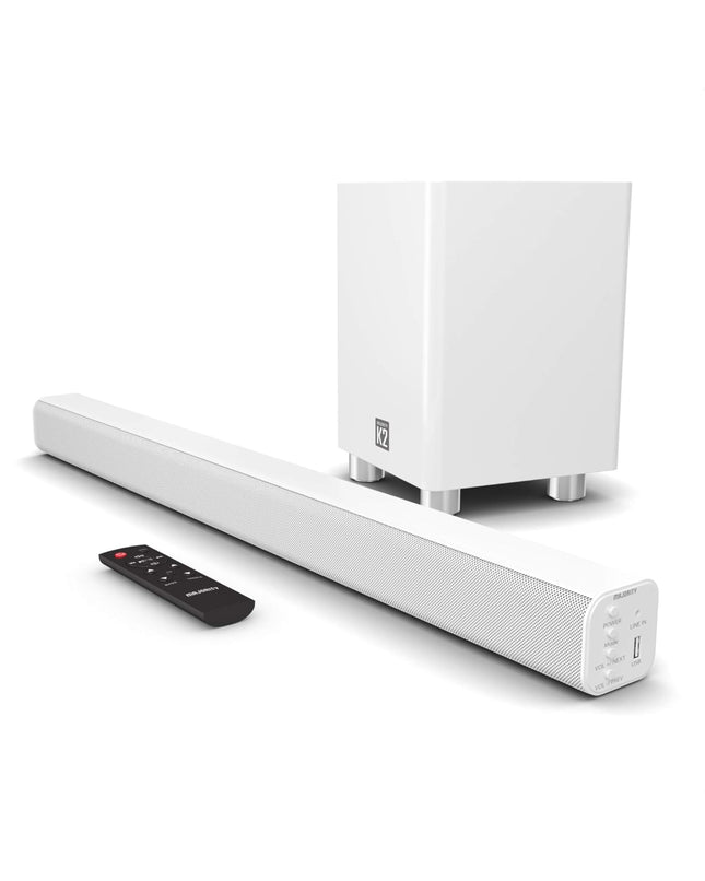 MAJORY K2 heliriba teleritele koos subwooferiga | Teleri kõlarid teleritele | 150W 2.1 helisüsteem juhtmevaba subwooferiga | Bluetooth-teleri heliriba | Kodukino heliriba HDMI ARC-ga (valge)