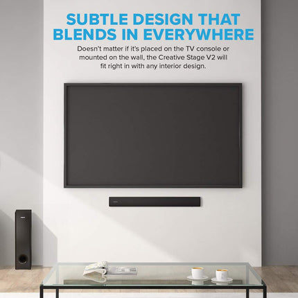 Creative Stage V2 2.1 heliriba subwooferiga, selge dialoog ja Sound Blasteri ruumiline heli, Bluetooth 5.0, TV ARC, optiline ja USB-heli, seinale kinnitatav, bassi ja kõrgete helide reguleerimine, teleri jaoks