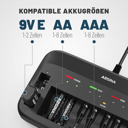 ABSINA akulaadija X10 AA, AAA ja 9V akude jaoks - 10 pesaga akulaadija laetavate akude laadimiseks - NiMH akude laadija AAA, AA ja 9V akude jaoks