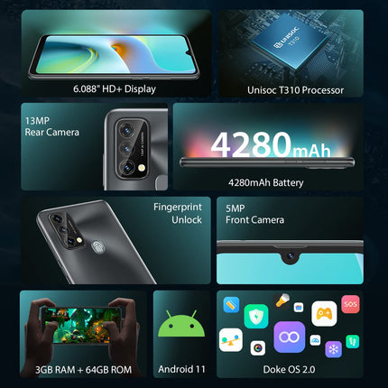 Blackview A50 4G mobiiltelefon ilma lepinguta, kaheksatuumaline 3GB 64GB (1TB laiendatav), 13MP+5MP, 6,09'' HD+ ekraan, 3 kaardipesa, 4280mAh aku, kahe SIM-kaardiga nutitelefon Android 11, GPS sõrmejäljelugejaga hämarik