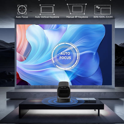 【Autofookus ja 1080P】 Mini nutikas projektor 4K toega, kaasaskantav projektor WiFi ja Bluetoothiga, 5W kõlar, Android-projektor, hääljuhtimine, õues kasutatav filmiprojektor