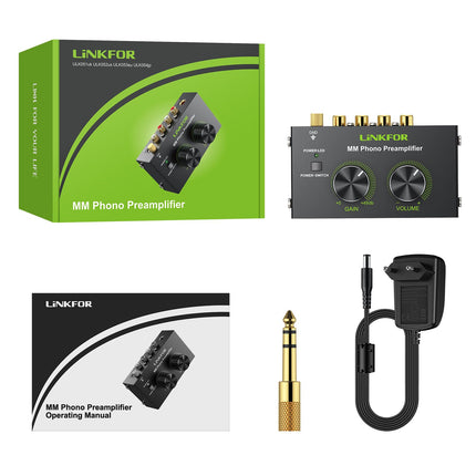 LiNKFOR fonofonide eelvõimendi, ülikompaktne eelvõimendi toitelülitiga, helitugevuse regulaatoriga, RCA sisend/väljund, 1/4'' TRS väljund, DC 12V MM-peaga plaadimängijatele