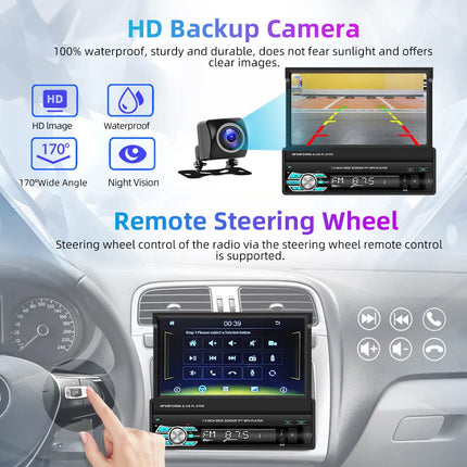 Podofo autoraadio 1 DIN Apple Carplay ja Android Autoga, 7-tollise ekraaniga autoraadio Bluetooth Handsfree/FM-raadio/SWC/peegliühenduse/USB + tahavaatekaameraga