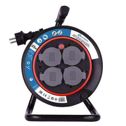 Electraline 49125 Cable Drum H05VV-F 3G1.5 25 m Cable/Cable Reel with 4 Schuko Sockets/Cable Box with Extension Cable/Cable Reel with Crank, Black, New