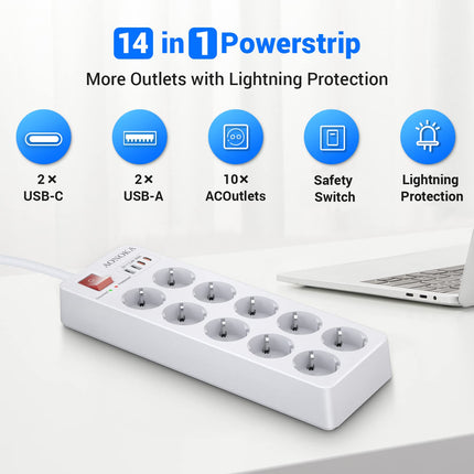 10-osaline mitmikpistikupesa ülepingekaitsega kuni 1700 džauli, pikendusjuhe USB-C-ga, pikendusjuhe lülitiga, 4 USB ja 10 pistikupesa, seinale kinnitatav jaotusjuhe, Schuko pistik, 1,5 m, valge