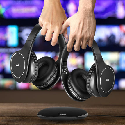 Meliconi Easy Digital Bundle, 2 juhtmevaba stereo TV-kõrvaklappi, 100% digitaalsed, analoog-/digitaalse audiosisendi ja dimensionaalse saatja alusega, must